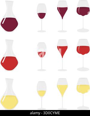 Carafes et divers verres à vin avec différents types de vins Wine Thematic Icon minimal Flat Bundle. Illustration vectorielle isolée affiche sur le thème du vin publication ou bannière promotionnelle sur les médias sociaux, dépliant, étiquettes Illustration de Vecteur