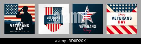 Conception de carte de voeux de la Journée des vétérans avec drapeau et lettrage. Concept de bannière de médias sociaux avec saluant la silhouette de soldat américain et les éléments USA Illustration de Vecteur