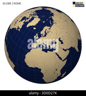 Vecteur Globe centré sur Rome. Palette bleu foncé et pêche pâle. Carte du monde avec méridiens, parallèles, pays, rivières et lacs. Illustration de Vecteur
