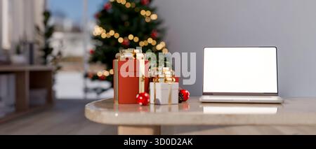 Ordinateur portable à écran blanc et coffret cadeau présent sur la table en marbre à travers l'arbre de Noël dans le salon moderne. Maquette publicitaire, rendu 3D illustration 3D. Banque D'Images