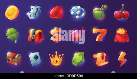 Icônes de jeux de casino. Éléments de jeu de dessin animé pour machine à sous en ligne, actifs graphiques 3D pour jeu vidéo, dés de poker brillants, cerise, trèfle, jetons. Vect Illustration de Vecteur