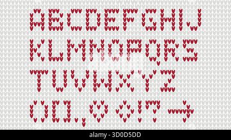 Alphabet tricoté. Lettres majuscules latines crochetées avec des points de fil rouge. Police de vacances de Noël confortable, graphique vectoriel. Illustration de Vecteur