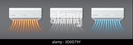 Unités de climatisation à système divisé avec flux d'air - appareils muraux blancs avec affichage de la température, flux chauds rouges pour le mode chauffage, jets bleus froids et flux neutres. EQUIPEMENT de climatisation Illustration de Vecteur