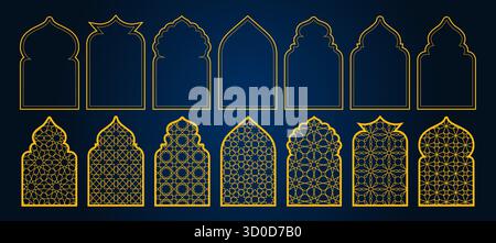 Ensemble d'ornement Ramadan avec des cadres en arc doré dans divers styles traditionnels. Motifs géométriques islamiques dans les fenêtres décoratives pour les cartes de voeux de vacances et les fonds d'événements culturels sur bleu profond. Illustration de Vecteur