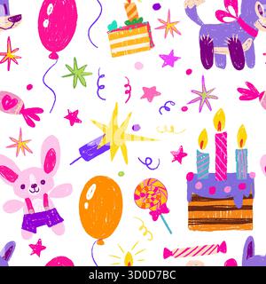 Motif sans couture de crayon d'anniversaire avec des éléments de célébration dessinés à la main - ballons et gâteau avec bougie, bonbons et boîte-cadeau, étoiles et confettis. Style texturé enfantin dispersé sur fond blanc. Illustration de Vecteur