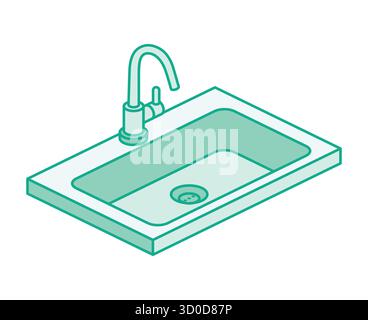 Évier de cuisine isométrique avec robinet. Illustration vectorielle moderne dans le style de contour. Élément de design intérieur minimaliste, concept de plomberie. Illustration de Vecteur