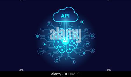 L'IA se connecte au cloud API et au réseau neuronal - vecteur de fond bleu de la technologie ai dans un style de ligne minimale plate futuriste - pour la présen commerciale de la technologie ai Illustration de Vecteur