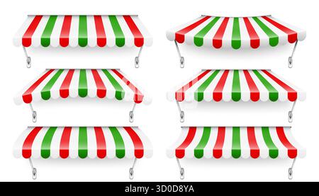 Achetez le pare-soleil avec support en métal. Auvent de café rayé réaliste. Tente de marché extérieure. Auvent de toit aux couleurs du drapeau italien. Magasin de rue d'été. Vecteur Illustration de Vecteur