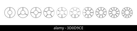 Division circulaire sur 2, 3, 4, 5, 6, 7, 8, 9, 10, 11 parts égales. Encadrement vide. Blanc de roue rond divisé diagrammes avec deux, trois, quatre, cinq, six Illustration de Vecteur