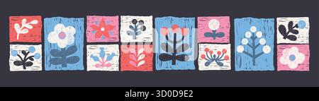 Crayon Folk Art. Motifs d'éléments primitifs floraux dans l'ensemble Patchwork. Carreaux isolés avec fleur, plantes à effet rustique. Dessin à la main texturé doo Illustration de Vecteur