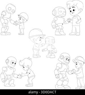 Ensemble vectoriel de dessin animé noir et blanc conçu pour colorer des livres, montrant des robots et des humains collaborant dans diverses scènes de travail d'équipe Illustration de Vecteur