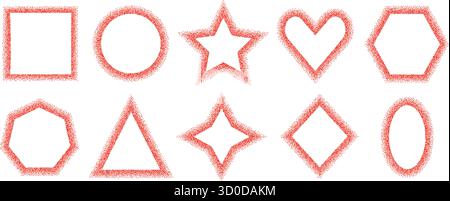 Ensemble de cadres fins géométriques piment. Bordures de paprika doux texturé granuleux en cercle, coeur, forme d'étoile. Boîtes de texte poudre rouge Masala isolées sur w Illustration de Vecteur