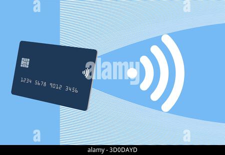 Voici une carte de crédit capable de paiements sans contact via la technologie de communication en champ proche. Il s'agit d'une illustration en 3 jours. Illustration de Vecteur