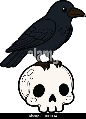Illustration mignonne d'Halloween, Crow est assis sur Scull. Vacances d'octobre Clip Art. Illustration de Vecteur