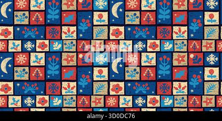 Motif sans couture de Patchwork d'art folklorique de Noël. Nouvel an tuiles géométriques ornement avec des motifs floraux, flocons de neige et croissant de lune avec effet rustique. Illustration de Vecteur