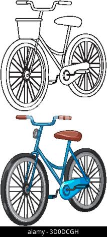 Vélo bleu stylisé avec selle marron, panier, lignes épurées, couleurs plates, isolé sur blanc Illustration de Vecteur
