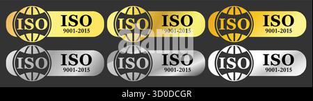 Badges de certification ISO 9001 :2015 Or et argent, étiquettes de normes de gestion de la qualité, ensemble d'emblèmes ISO métalliques Illustration de Vecteur