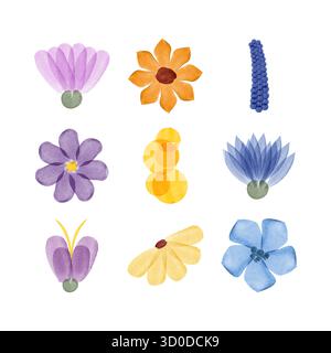 Un assortiment coloré de fleurs d'aquarelle est affiché. L'ensemble comprend différentes couleurs et styles artistiques, présentés sur un fond blanc propre et lumineux. Illustration de Vecteur