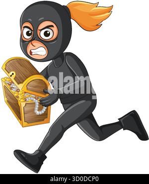 Voleur masqué de dessin animé en costume noir en cours d'exécution avec coffre au trésor ouvert, style vectoriel dynamique Illustration de Vecteur