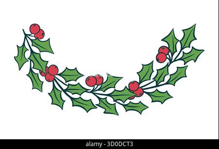 Branche de houx de Noël avec des feuilles et des baies. Éléments de conception de vacances d'hiver dessinés à la main pour carte de voeux, conception d'invitation. Illustration vectorielle activée Illustration de Vecteur