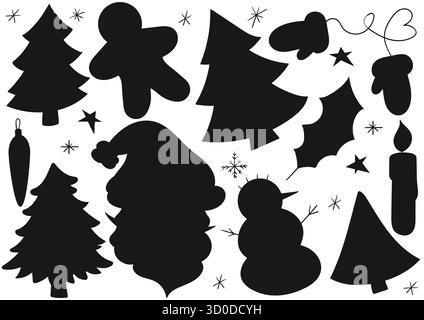 Sapin de Noël, bonhomme de neige et pain d'épices. Un ensemble de silhouettes dessinées à la main. Dessins pour énigmes et activités éducatives pour les enfants. Badges, enseignes, Illustration de Vecteur