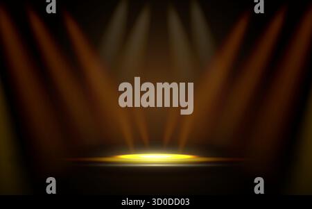 Scène sombre illuminée par des lumières et des projecteurs dorés, podium réaliste élégant illuminé par des rayons dorés, fond de cérémonie des Awards Illustration de Vecteur