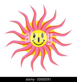 Psychedelic Smiley Sun : vibrant rose et jaune Groovy icône de dessin animé Illustration de Vecteur
