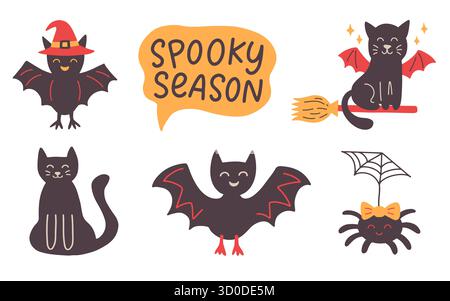 Chauves-souris d'Halloween, silhouette de chats, icônes de doodle Illustration de Vecteur