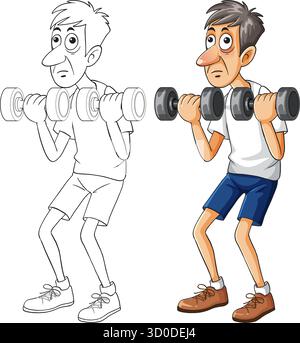 Homme de dessin animé maigre soulevant des haltères, montré dans les styles vectoriels colorés et noir et blanc Illustration de Vecteur