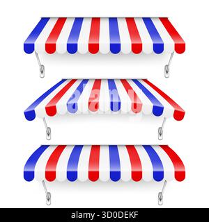 Achetez le pare-soleil avec support en métal. Auvent de café rayé réaliste. Tente de marché extérieure. Auvent de toit aux couleurs du drapeau français. Magasin de rue d'été. Vecteur Illustration de Vecteur