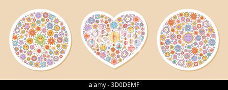 Ensemble de stickers cœur à fleurs rétro Groovy Illustration de Vecteur