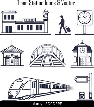 Ensemble d'icônes de gare ferroviaire – Collection de vecteurs de chemin de fer, de plate-forme, de train, de transport et de voyage Illustration de Vecteur