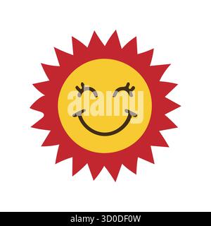 Joyeux Cartoon Sun icône : visage souriant heureux avec des rayons rouges vifs Illustration de Vecteur