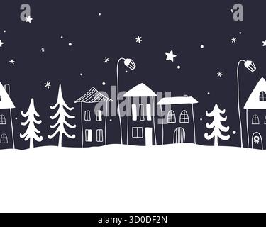 Petit village avec maisons de dessins animés paysage linéaire nuit d'hiver. Illustration de Noël de dessin animé. Illustration de Vecteur