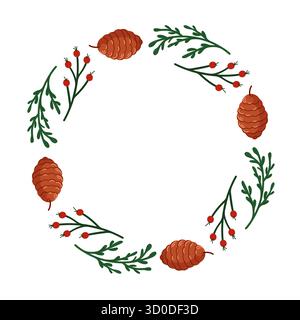 Cadre circulaire de couronne de Noël avec pomme de pin, branche persistante et baie rouge de rowan sur fond blanc dans un style plat. Espace central vide pour le texte. Illustration de Vecteur