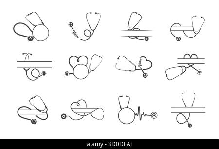 Monogramme de stéthoscope, logo médical, logo de médecin infirmière médicale, svg de stéthoscope, ensemble de logo de stéthoscope, monogramme divisé de stéthoscope, silho de stéthoscope Illustration de Vecteur