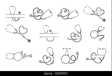 Stéthoscope svg, silhouette de stéthoscope, monogramme de stéthoscope, logo médical, ensemble de logo de stéthoscope, monogramme scindé de stéthoscope, médecin infirmier Illustration de Vecteur