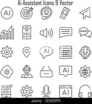 Jeu d'icônes AI Assistant - Intelligence artificielle, Chatbots et assistants numériques Illustration de Vecteur