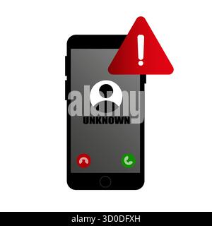 Notification d'erreur du smartphone. Alerte appelant inconnu. Panneau d'avertissement rouge. Problème de périphérique mobile. Illustration de Vecteur