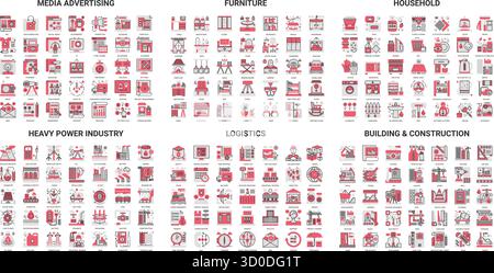 Ensemble complet d'icônes de ligne moderne couvrant la publicité des médias, meubles, ménage, industrie de l'énergie lourde, logistique, construction et construction illustration vectorielle isolée Illustration de Vecteur