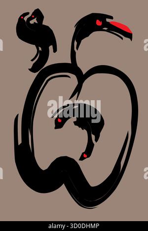 Une illustration vectorielle abstraite frappante mettant en vedette une pomme stylisée formée de coups de pinceau noirs fluides et de touches rouges. Placez contre un marron neutre b Illustration de Vecteur