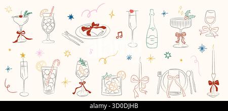 Collection de cocktails de Noël avec des boissons festives, des verres à champagne et des décorations de vacances. Ambiance de bar confortable avec des illustrations de style doodle de Illustration de Vecteur