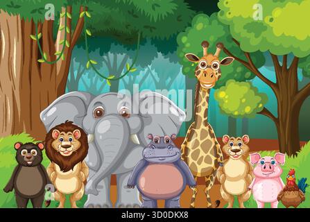 Illustration vectorielle colorée de divers animaux de bande dessinée debout ensemble dans un environnement forestier luxuriant Illustration de Vecteur