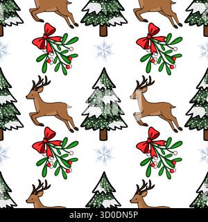 Motif vectoriel sans couture avec renne ludique, arbres de Noël poussiéreux de neige et gui festif avec des noeuds rouges, placé contre un dos blanc propre Illustration de Vecteur