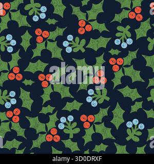 Motif floral de Noël sans couture. Fond festif de crayon avec des baies, feuilles de houx vertes sur bleu marine foncé. Décoration du nouvel an. Texturé dessiné à la main. Carré Illustration de Vecteur
