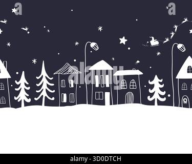 Petit village avec maisons de dessins animés paysage linéaire nuit d'hiver. Nuit de Noël avec le Père Noël volant au-dessus de la rue de la ville. Dessin animé Noël Illustration de Vecteur