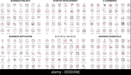 Icônes d'affaires minimalistes dans le style de ligne rouge et noire couvrant la gestion de projet, démarrage, e-commerce, analyse, motivation, essentials isolé sur fond blanc illustration vectorielle Illustration de Vecteur