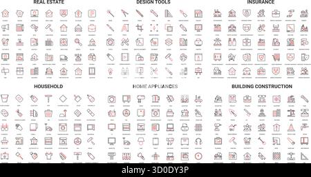 Ensemble complet d'icônes de ligne modernes pour l'immobilier, outils de conception, assurance, ménage, appareils ménagers, et construction de bâtiment isolé sur l'illustration vectorielle de fond blanc Illustration de Vecteur