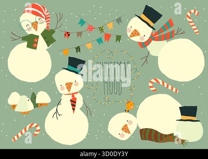 Ensemble de dessins animés avec des bonhommes de neige mignons et des éléments de Noël Illustration de Vecteur