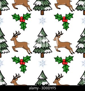 Motif vectoriel sans couture avec renne ludique, arbres de Noël poussiéreux de neige et brindilles de houx festives avec des flocons de neige délicats. Illustration de Vecteur